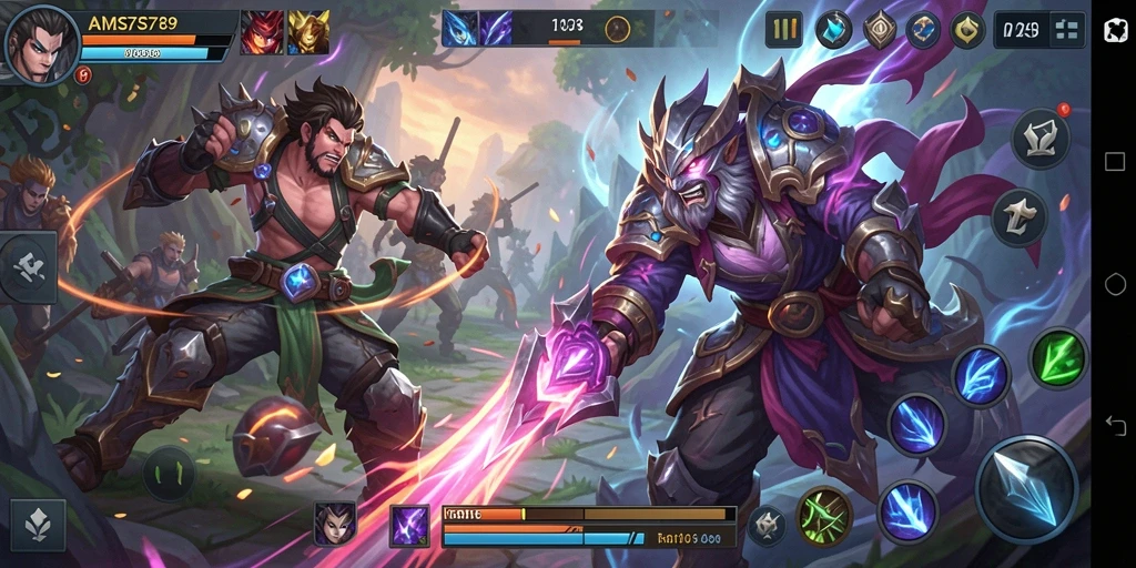 Screenshot gameplay AMS789 menunjukkan pertempuran MOBA yang intens.