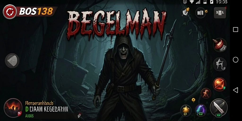 Screenshot gameplay BOS138 dengan suasana menegangkan dan karakter menyeramkan.