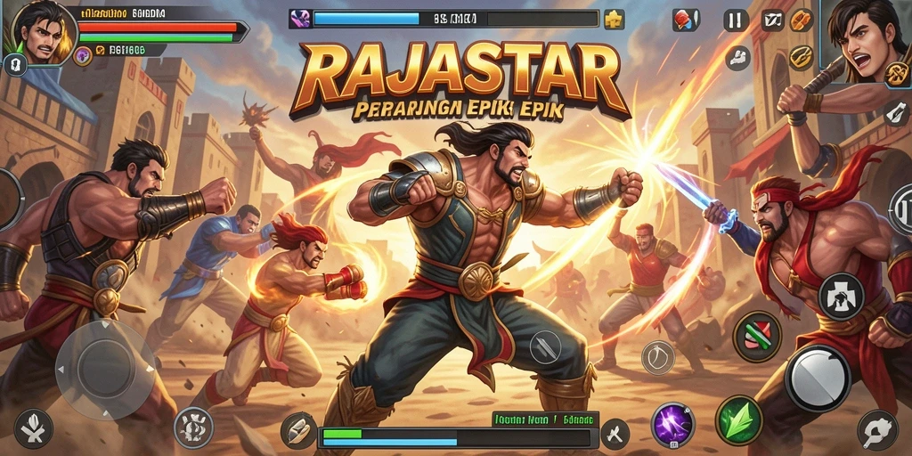 Screenshot gameplay RAJASTAR memperlihatkan pertarungan seru antara karakter.