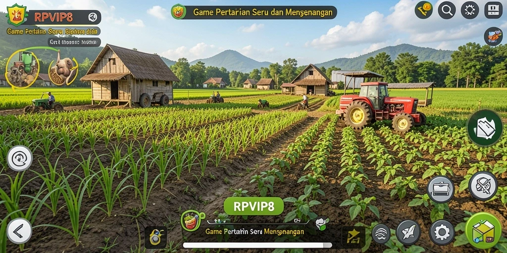 Tampilan permainan RPVIP8 dengan lahan pertanian yang subur dan hewan ternak.