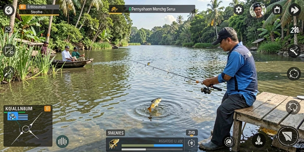 Screenshot gameplay ZK6 menunjukkan momen menangkap ikan besar.